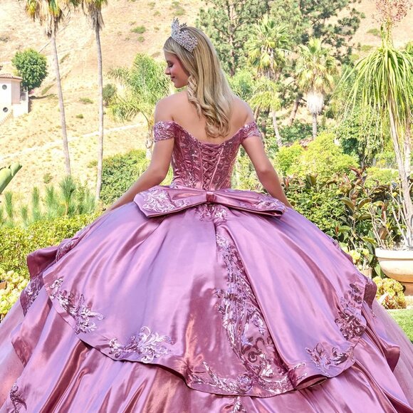 New Dusty Rose Off The Shoulder Maxi Satin Quinceanera Gown w/ Sequins GL3794 - Picture 13 of 14